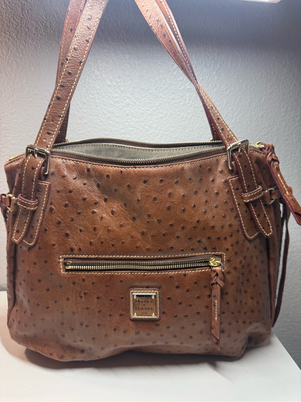 Dooney & Bourke Tan Ostrich-Embossed Leather Shoulder Bag